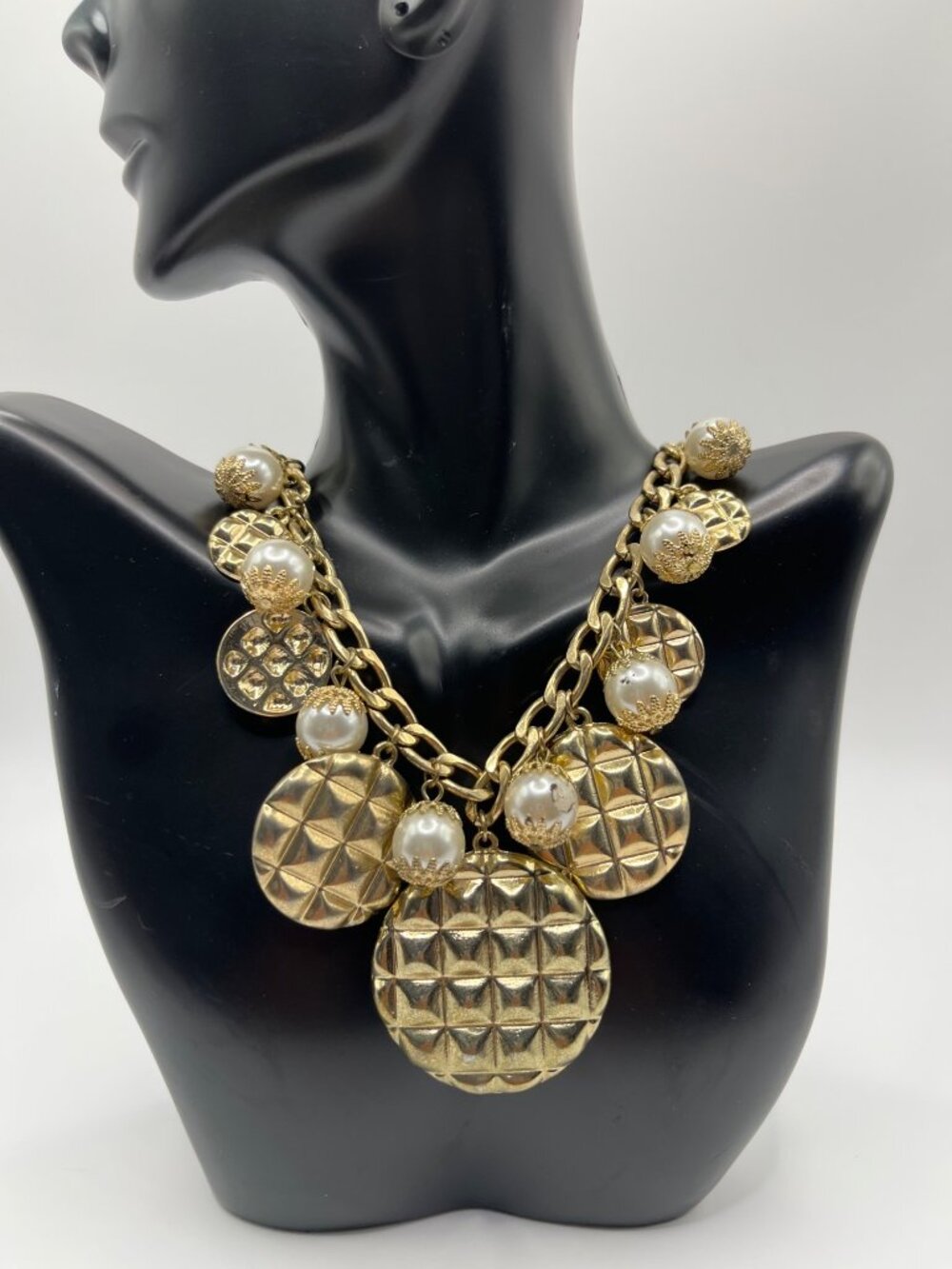 Gold Tone Statement Necklace With Pearl & Textured Disc Charms - Picture 3 of 6